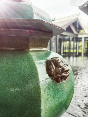 Ancient Chinese cultural relics of the Han Dynasty in the museum, painted clay bottles and containersの写真素材