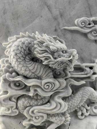 Close up of a giant marble chinese style art sculpture used for the wall.の写真素材
