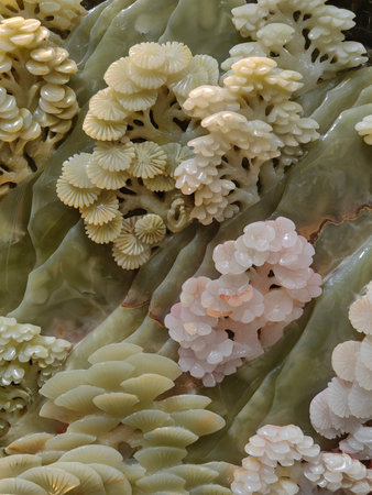 Close up of a giant jade marble chinese style art sculpture used for the wall.の写真素材