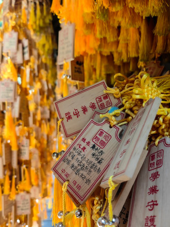 Wishing tablet. Wooden tablets with prayers at Chinese temple.の写真素材