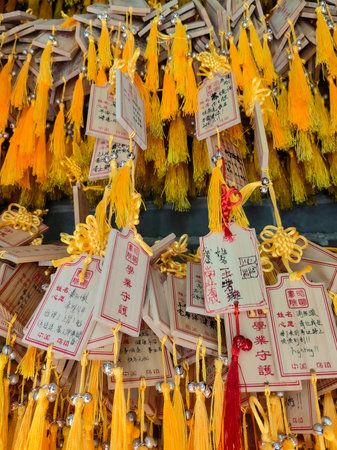 Wishing tablet. Wooden tablets with prayers at Chinese temple.の写真素材