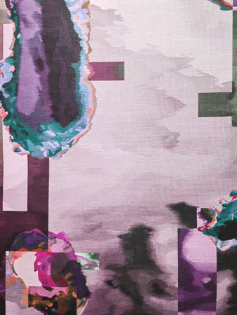 Abstract design featuring colorful overlapping shapes on a textured carpet. The vibrant and modern...