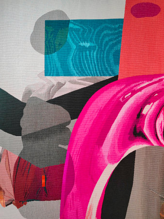 Abstract design featuring colorful overlapping shapes on a textured carpet. The vibrant and modern pattern adds a dynamic and artistic touch, perfect for contemporary and stylish interior decorの写真素材