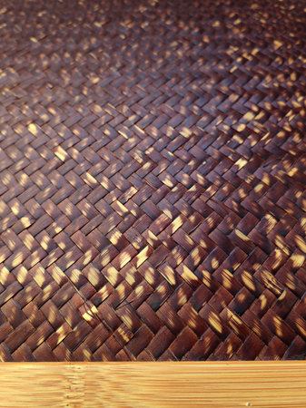 Texture of straw weaving closeup. Straw wicker basket. Fashionable bamboo basket, stylish interior item, eco design, handmade. Natural decor. Straw weave texture. Natural eco materials, storage basketの写真素材