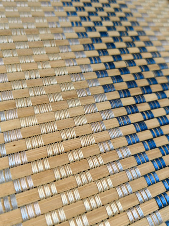 Texture of straw weaving closeup. Straw wicker basket. Fashionable bamboo basket, stylish interior...
