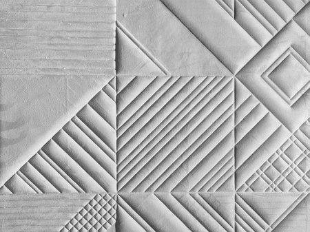 Various size of geometry embroidery pattern on soft beige gray linen fabric background.の写真素材