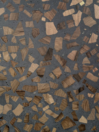 Interior material samples mood and tone board contains ash and oak wooden veneer, artificial stone, marble terrazzo stone.の写真素材