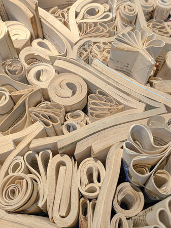 An unusual magical background decoration made of books stands on light backgroundの写真素材