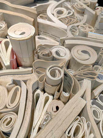 An unusual magical background decoration made of books stands on light background