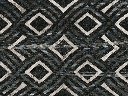 Elegant seamless geometric pattern design featuring diamond and stripe shapes in various shades of blue against a dark backdrop. This abstract vector art is ideal for wallpaper, textile, or...の写真素材