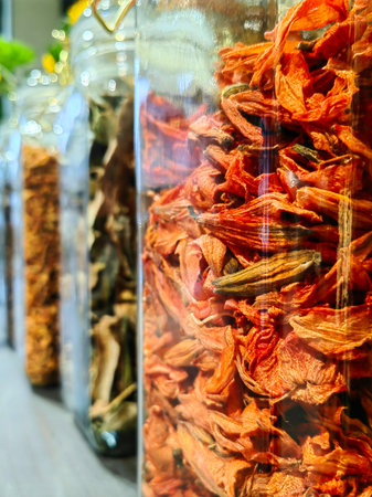 Close up of set with several species or dehydrated fruits in glass pots.