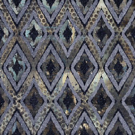 Abstract geometric background, rhombus shapes. Modern marble mosaic inlay, art deco wallpaper. Fashion illustration. Blue black triangles with artificial stone texture and gold foilの写真素材
