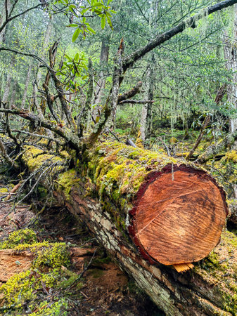 Lush green forest. Dreamlike forest image with light rays and green grassの写真素材