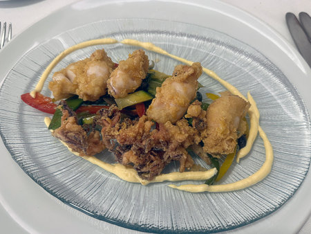 Squid cuisine, Gourmet food scallops with vegetables and salad