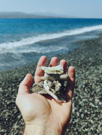Hand holding colored dark stones of different shapes found on the beach. Against the background of pebblesの写真素材