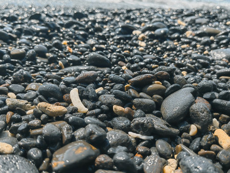 Icelandic landscape of black sand beach. Many pebbles on the black sand beach on the background of the stormy sea in Iceland.の写真素材