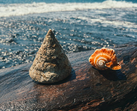 hells on a palm trunk. Close up of palm trunk decorated with seashells against a soft focus background of beach, ocean, and clouds.の写真素材