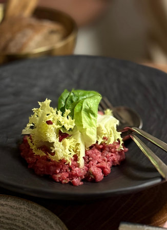Beef tartare. Fancy beef steak tartar raw seasoned meat dishの写真素材