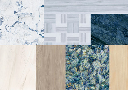 Creative patchwork with different marbles or stones in geometric shapes. Creative patchwork pattern...