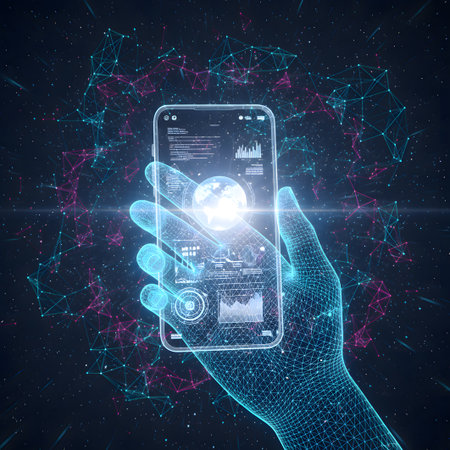 portrays a futuristic and high-tech concept of mobile computing and data interaction. A hand,...