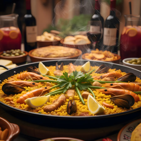 Vibrant outdoor gathering or meal. The centerpiece is a large, classic paella pan filled with golden rice, saffron, mussels, shrimp, and garnished with fresh lemon wedges and parsley.の写真素材