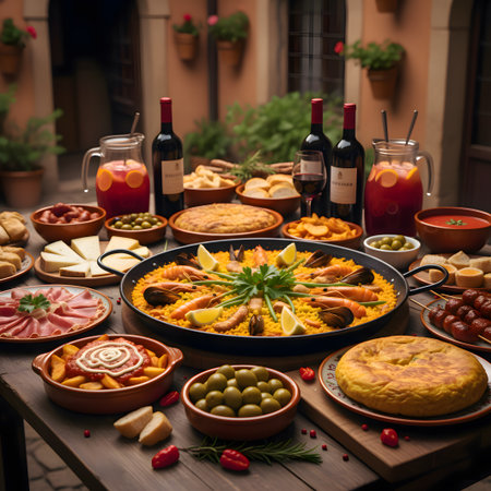 Vibrant outdoor gathering or meal. The centerpiece is a large, classic paella pan filled with golden rice, saffron, mussels, shrimp, and garnished with fresh lemon wedges and parsley.の写真素材