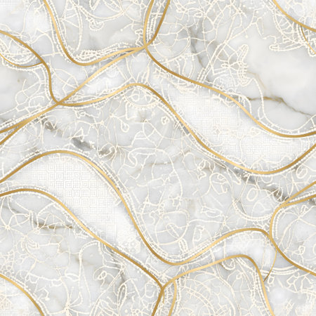 Elegant seamless pattern composed of irregular, organic-shaped white marble tiles with subtle gray and gold veining.の写真素材