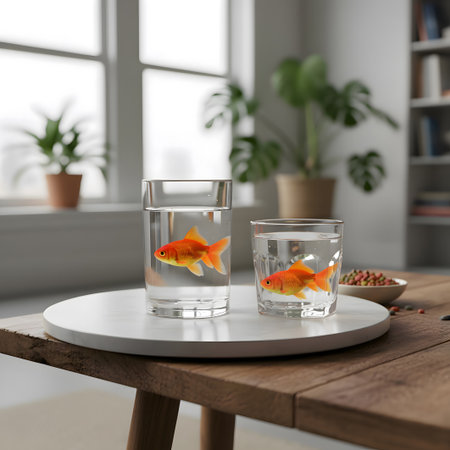 Two glasses with water and fish inside. Colorful one and a gray one, swimming in clear drinking...