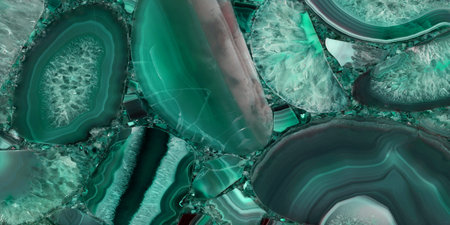 A luxurious translucent green onyx stone surface featuring layered crystalline formations with soft...