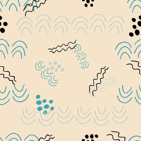 Hand painted brush strokes in green and black on cream background. Seamless abstract repeating background. Vector texture for your design. Simple modern texture with chaotic painted shapes.のイラスト素材
