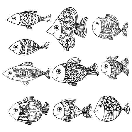 Coloring page different cute fish for kids. Freehand sketch drawing for adult antistress coloring book in zentangle style.のイラスト素材