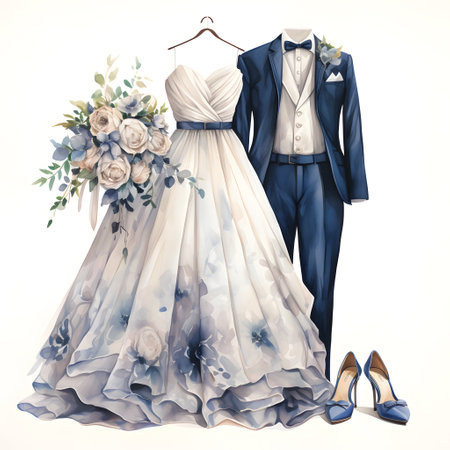 Wedding clothes of the bride and groom on a white background. Watercolor illustrationの素材