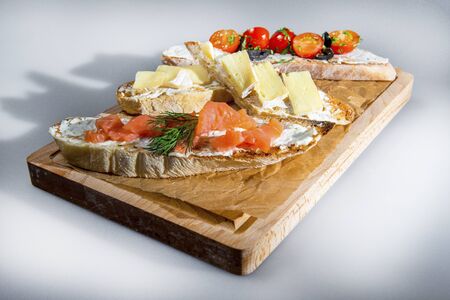 French Baguette Snacks With Salmon Cheese And Vegetablesの写真素材