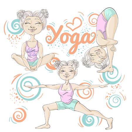 Female yoga. Vector illustration of beautiful cartoon woman in various poses of yoga.のイラスト素材