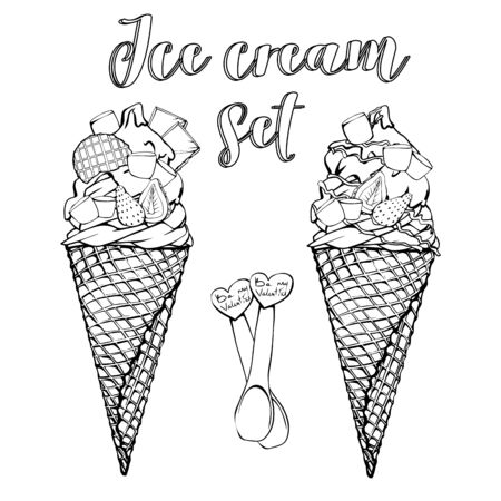 Cone ice cream set with plastic spoons. Sketch ice cream objects, hand drawn. Sweet dessert. Isolated white background. Vector illustration.のイラスト素材