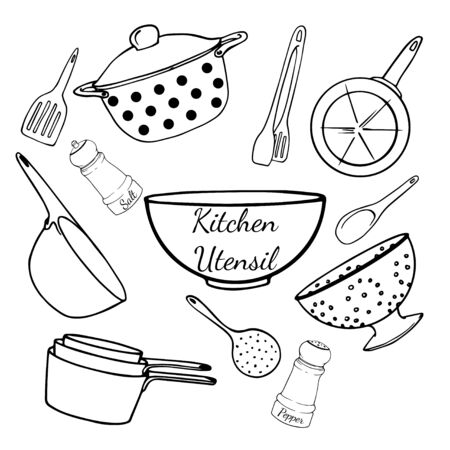 Set of cookware and bakeware. Different kitchenware hand drawn illustration. Wooden spoon, skimmer, colander, tongs, bowl, salt shaker, frying-pans, saucepot. Vector cartoon flat icon isolated on white background.のイラスト素材