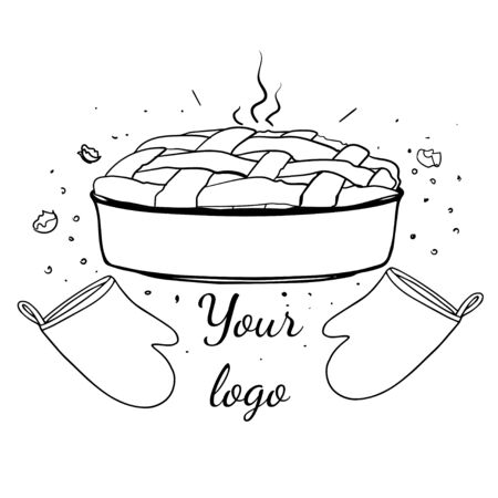 Vector illustration of a baking dish with a pie in it and oven gloves. Ready logo concept. Hand drawn illustration cartoon flat line art icon isolated on white background.のイラスト素材