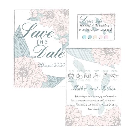 Wedding floral invitation, save the date card, dress code card and plan of wedding day: dahlia, calathea leaves on white background with frame. Elegant rustic template. All elements are isolated and editableのイラスト素材