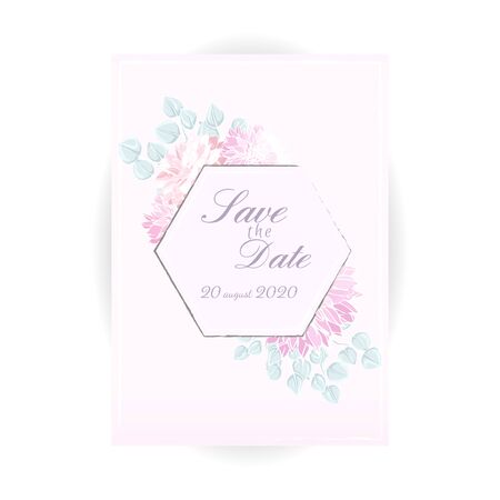 Wedding floral invitation, save the date card: dahlia, eucalyptus branches with geometric frame. Elegant rustic template. All elements are isolated and editableのイラスト素材