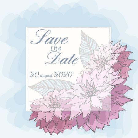 Wedding floral invitation, save the date card: dahlia and calathea leaves on colorful background with frame. Elegant rustic template. All elements are isolated and editableのイラスト素材