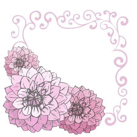 Wedding floral invitation, save the date card: dahlia on white background with curl frame. Elegant rustic template. All elements are isolated and editableのイラスト素材
