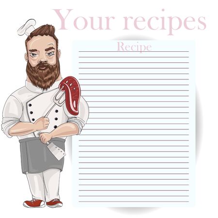 Chef in a cook hat holds a fork with a steak in one hand and a knife in the other. Vector cartoon character. Recipe card template for cookbookのイラスト素材