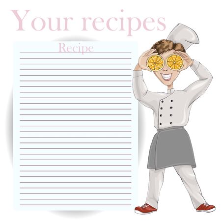 The cook in a hat holds slices of orange. Vector cartoon character. Recipe card template for cookbookのイラスト素材