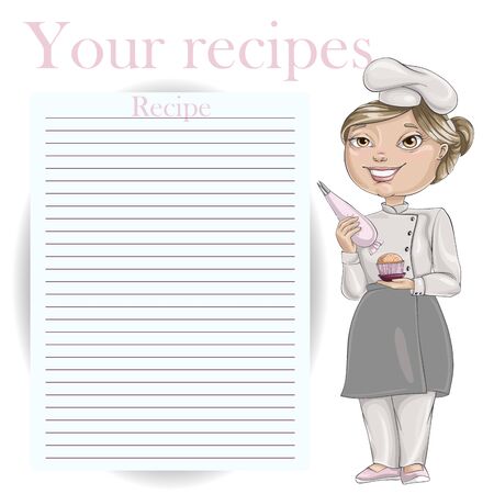 Confectioner is holding a pastry bag and in his other hand is a cupcake. Vector cartoon character. Recipe card template for cookbookのイラスト素材