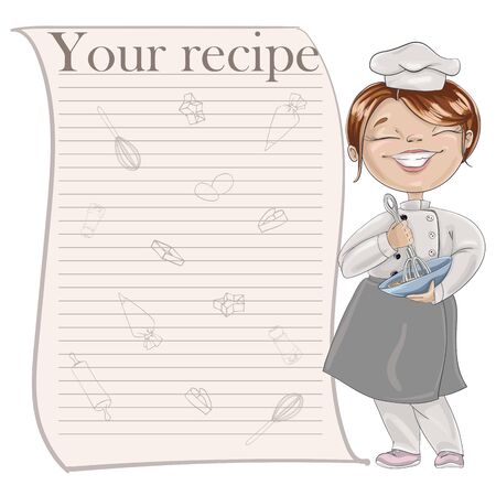 Chef in a cook hat holds a whisk and bowl. Girl kneads dough. Lettering vector illustration. Recipe card template for cookbookのイラスト素材
