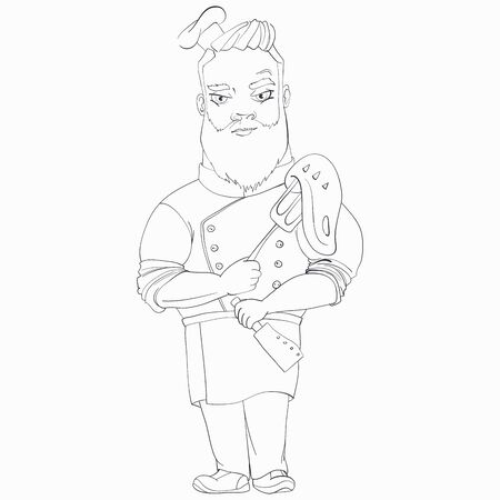 Chef in a cook hat holds a fork with a steak in one hand and a knife in the other. Line art vector cartoon character.のイラスト素材