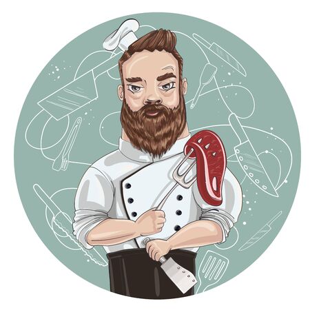 Chef in a cook hat holds a fork with a steak in one hand and a knife in the other. Vector cartoon character.のイラスト素材