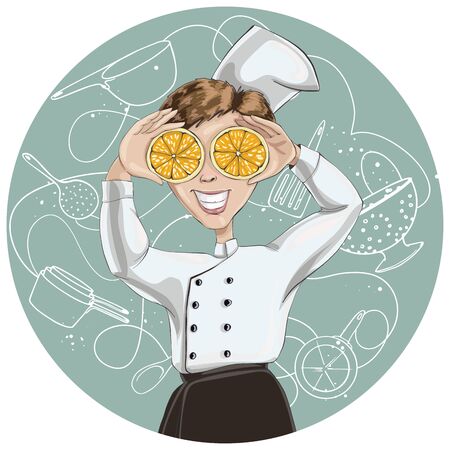 The cook in a hat holds slices of orange. Vector cartoon character.のイラスト素材