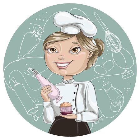 Confectioner is holding a pastry bag and in his other hand is a cupcake. Vector cartoon character.のイラスト素材