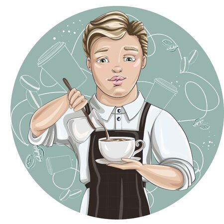 Barista pours milk into espresso. Vector cartoon character.のイラスト素材